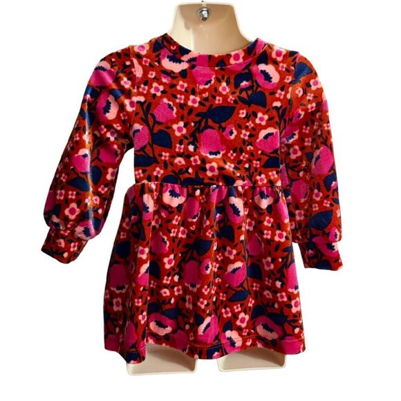 Cat & Jack Red & Pink Velvet floral Tie Front Dress 12M - Picture 4 of 7